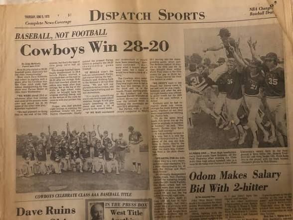 Dispatch Sports, 1979: Baseball, not football. Cowboys win 28-20 and celebrate a Class AAA baseball title