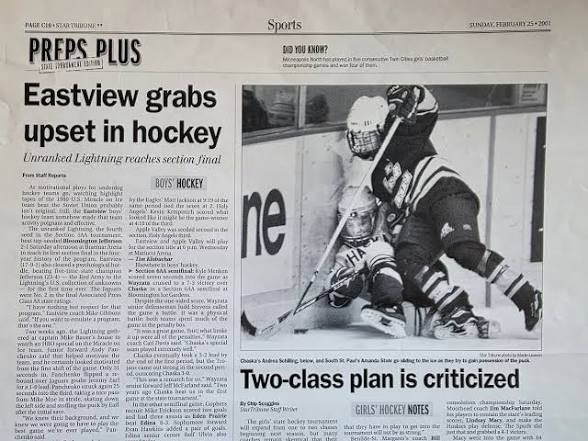 Star Tribune Preps Plus, February 25, 2001: Eastview grabs upset in hockey