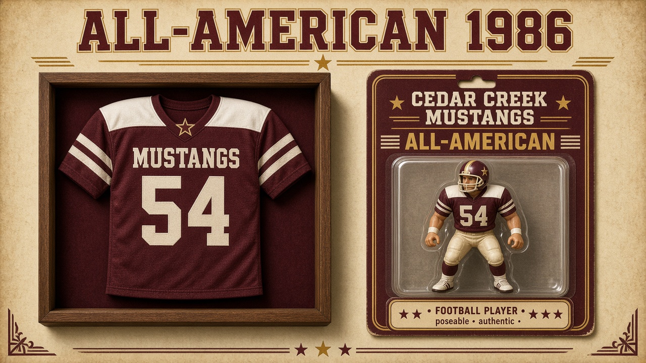 All-American slide with a framed number 54 jersey and a retro action-figure blister pack
