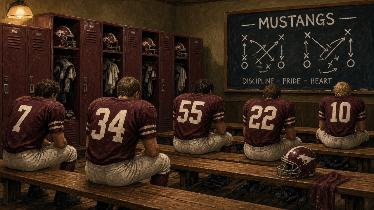 Illustrated 1980s locker room with maroon lockers, helmets and a chalkboard reading Mustangs