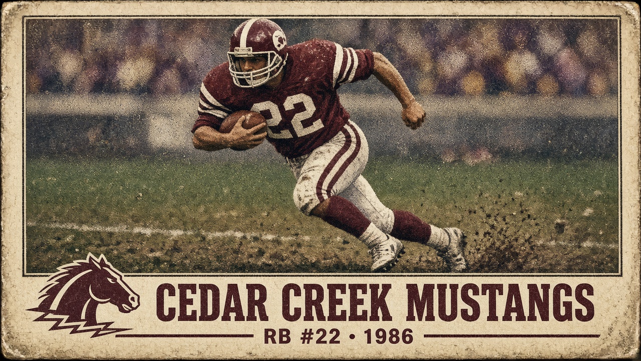 Retro trading card of a fictional running back, number 22, Cedar Creek Mustangs, 1986