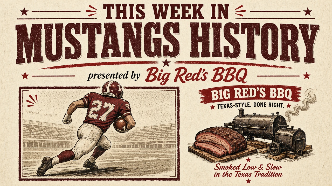 Sponsor slide: This Week in Mustangs History, presented by a local BBQ joint
