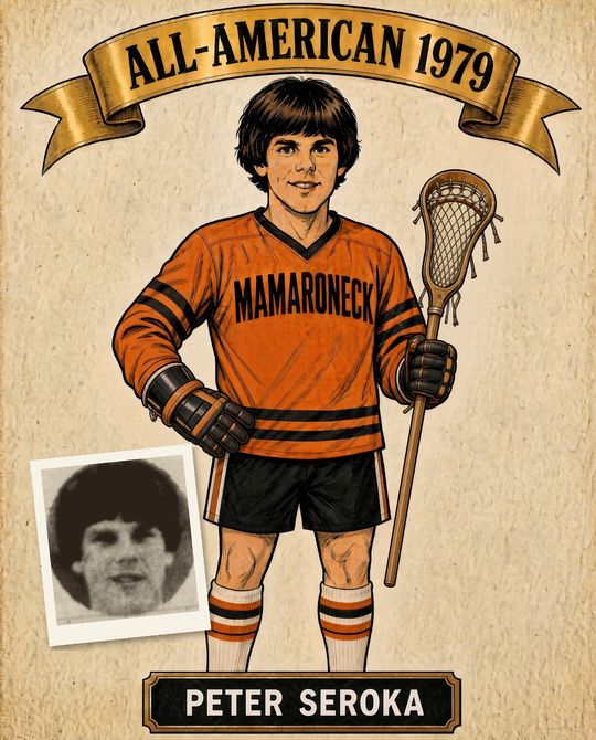 Illustrated 1979 All-American card for Peter Seroka of Mamaroneck in an orange jersey, with his newspaper headshot
