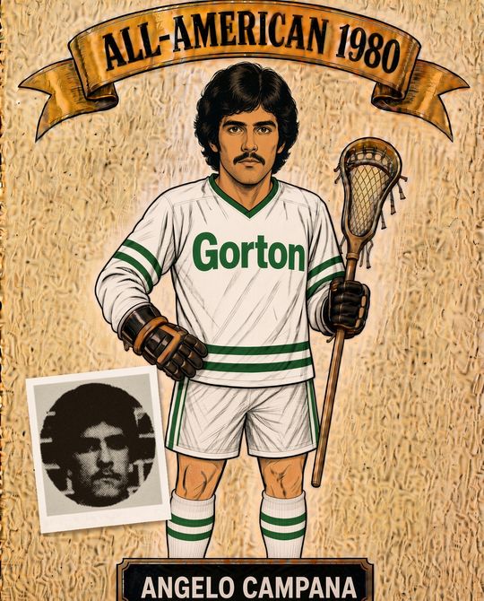 Illustrated 1980 All-American card for Angelo Campana of Gorton in a white and green jersey, with his newspaper headshot