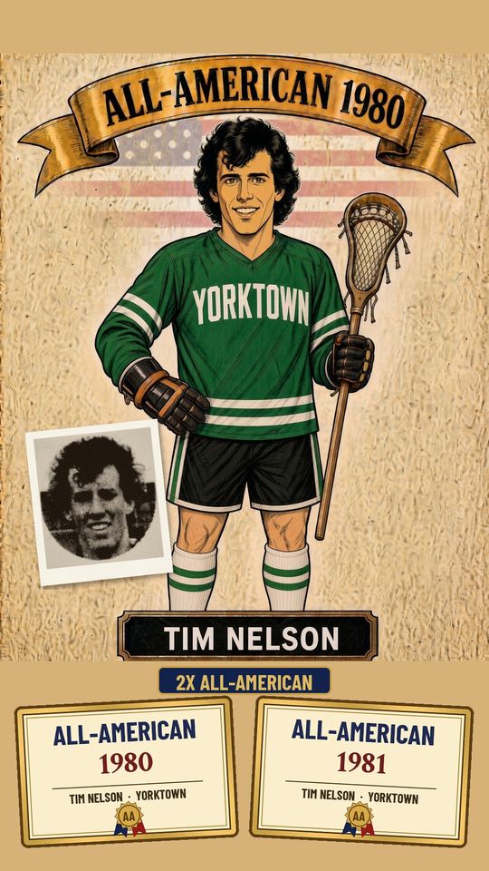 Illustrated All-American card for Tim Nelson of Yorktown in a green jersey, with his newspaper headshot and two All-American certificates for 1980 and 1981
