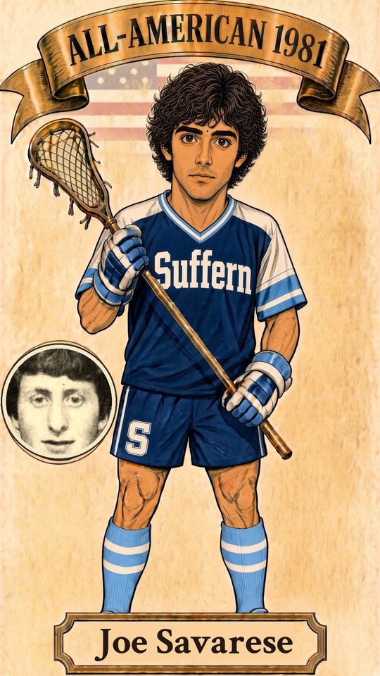 Illustrated 1981 All-American card for Joe Savarese of Suffern in a blue jersey, with his newspaper headshot