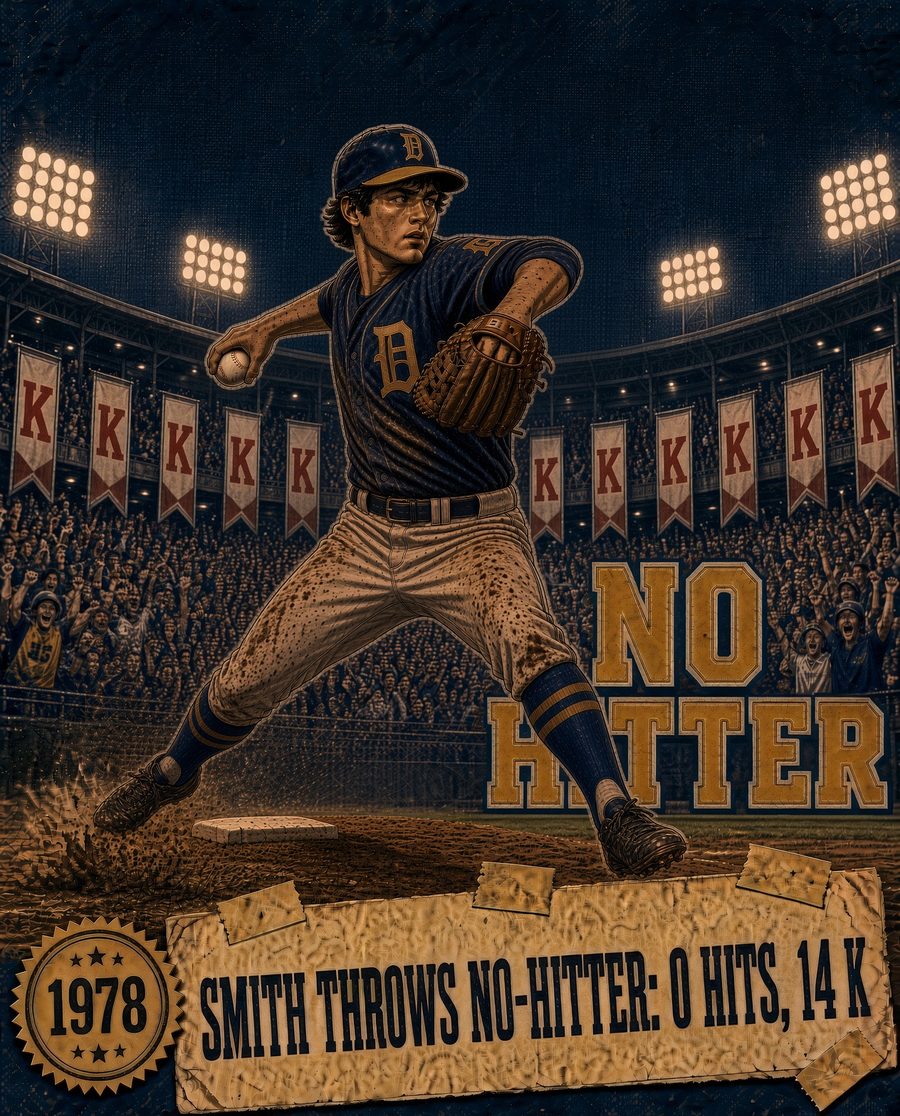 Sample big-game graphic: a 1978 pitcher mid-delivery under stadium lights, headline Smith throws no-hitter: 0 hits, 14 K
