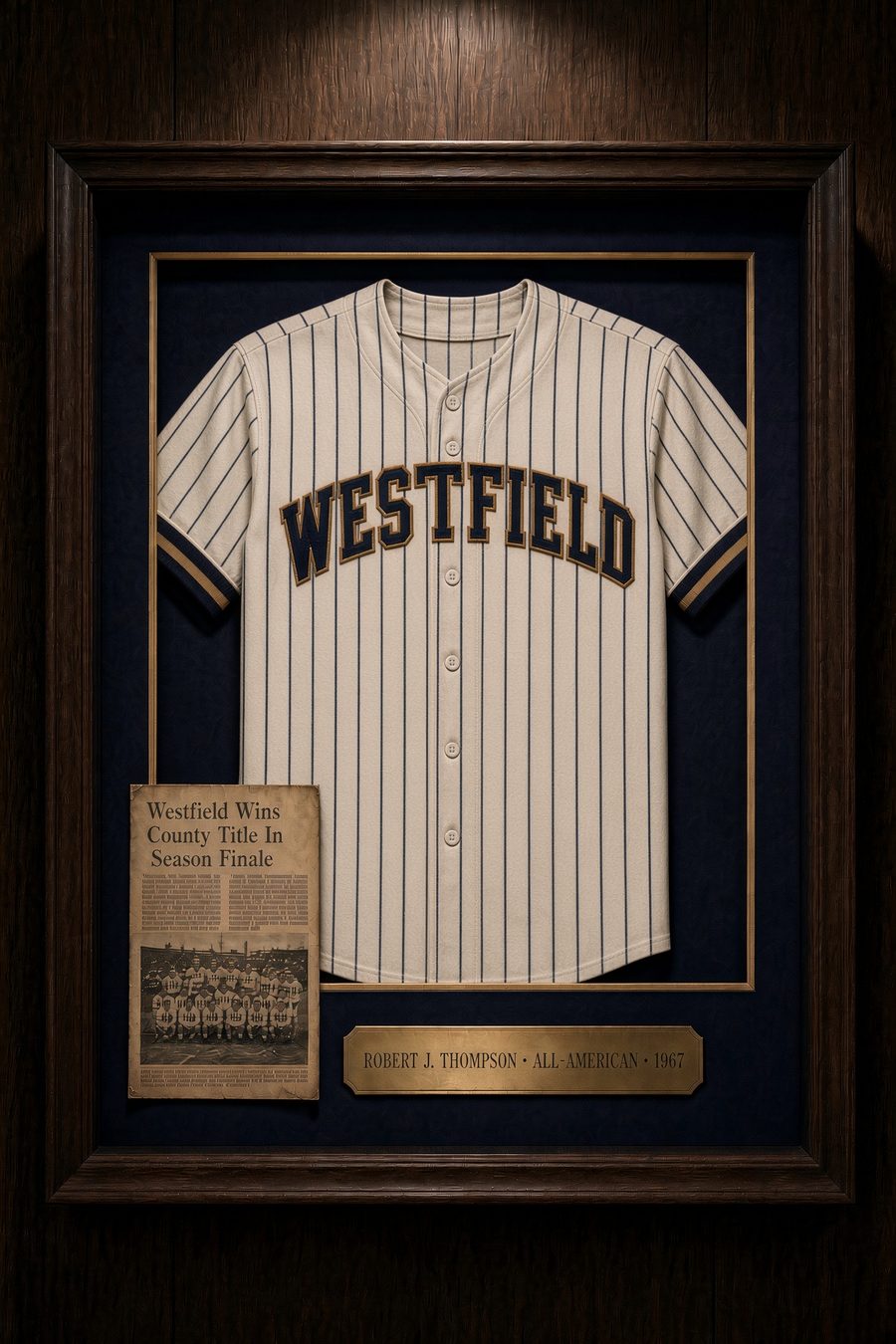 Sample framed pinstriped baseball jersey, Westfield, in a shadow box with a newspaper clipping and nameplate