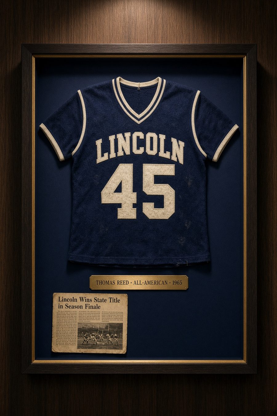 Sample framed navy football jersey, Lincoln number 45, in a shadow box with a newspaper clipping and nameplate