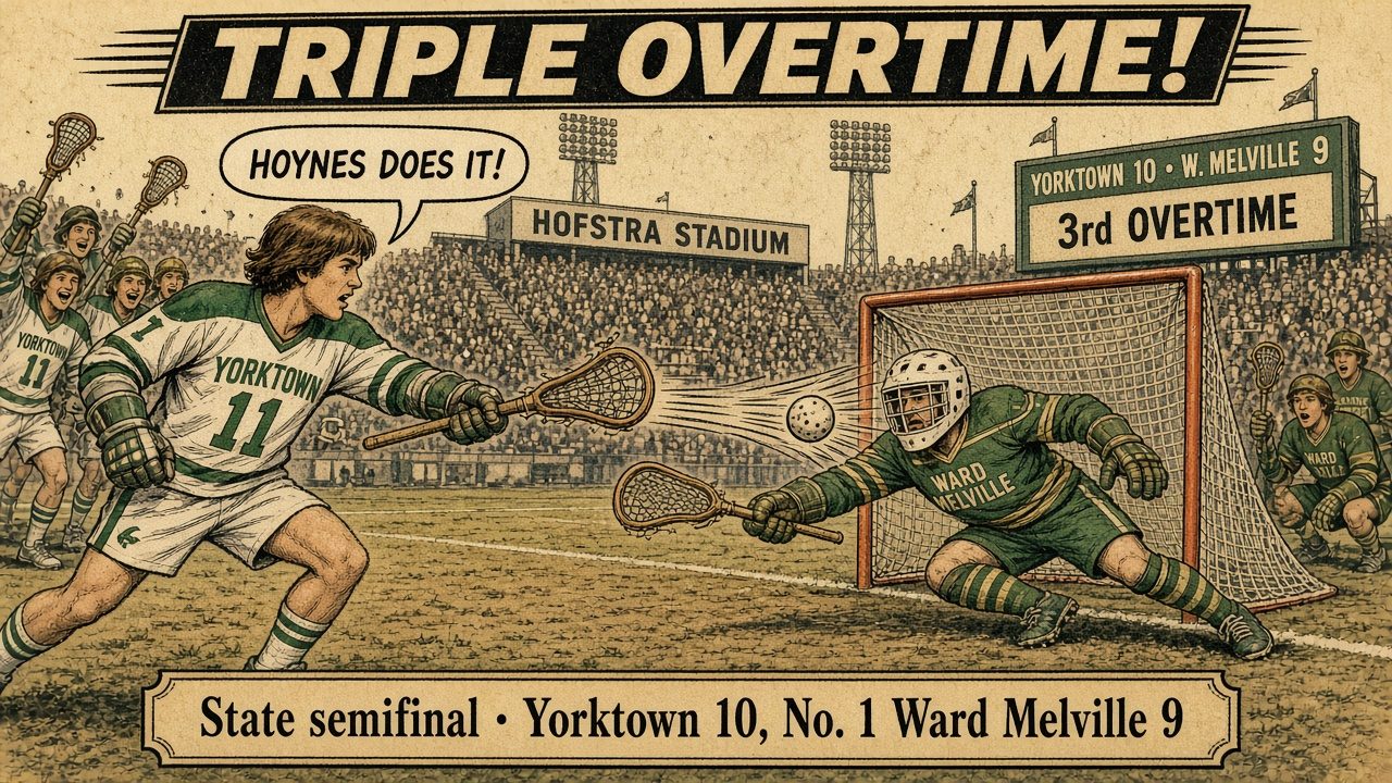 Comic illustration of a triple-overtime lacrosse goal