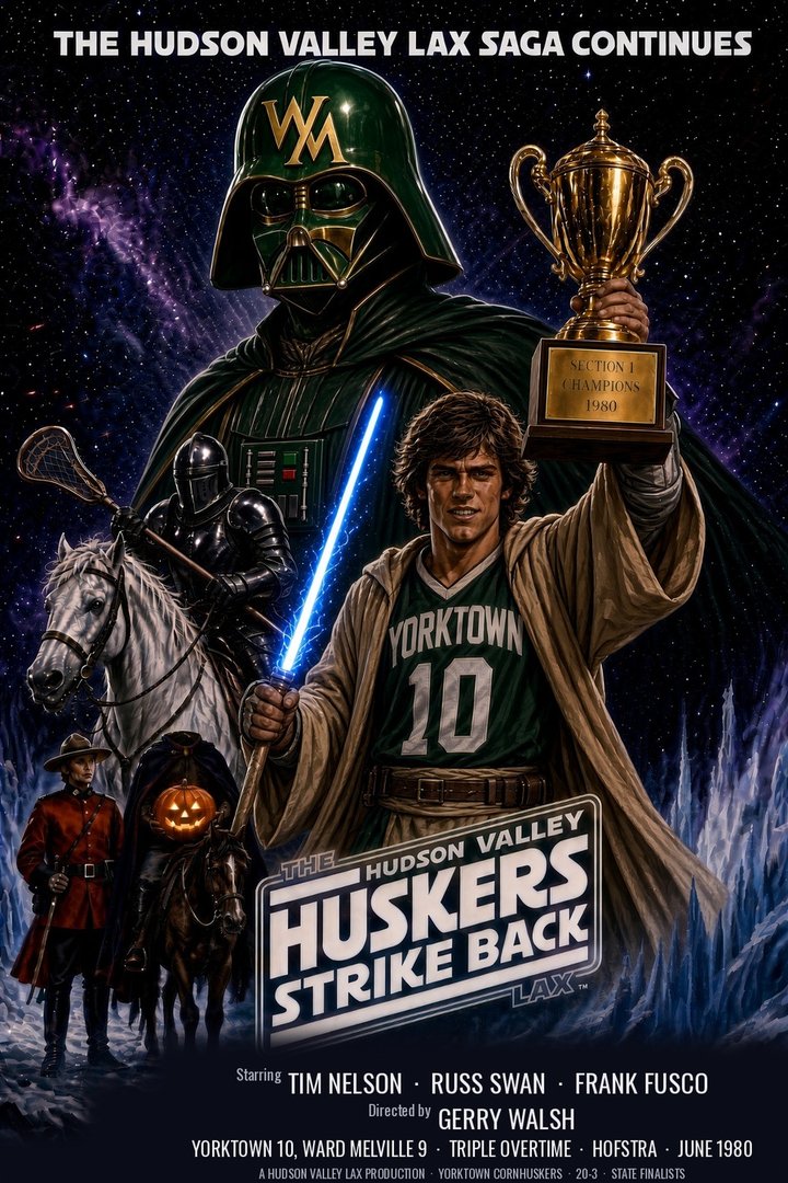 The Huskers Strike Back: movie-poster parody for Yorktown's 1980 season, starring Tim Nelson, Russ Swan and Frank Fusco, directed by Gerry Walsh. Yorktown 10, Ward Melville 9, triple overtime, Hofstra, June 1980