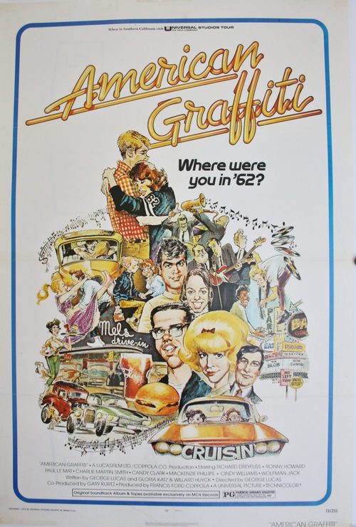 Original 1973 movie poster: neon script title above an illustrated pyramid of caricatures and a car