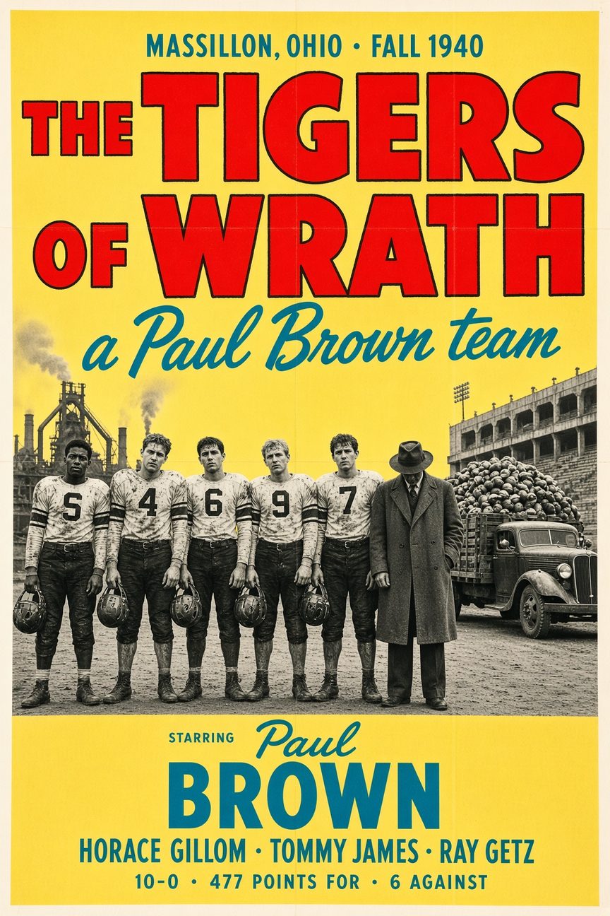 The Tigers of Wrath: Banner Years poster parody for Massillon's 1940 season, a Paul Brown team, 10-0, 477 points for, 6 against