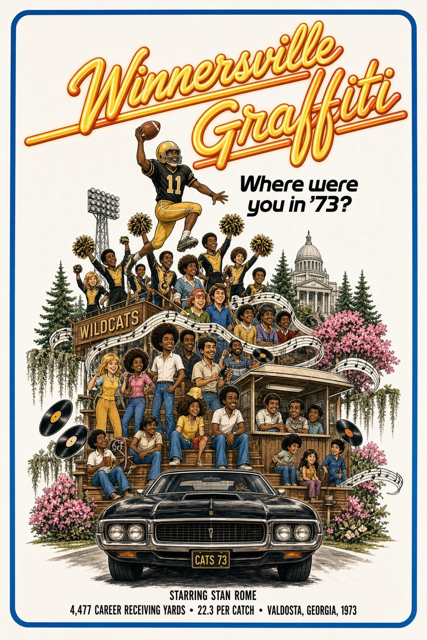 Winnersville Graffiti: Banner Years poster parody for Valdosta's 1973 season, starring Stan Rome in black and gold number 11
