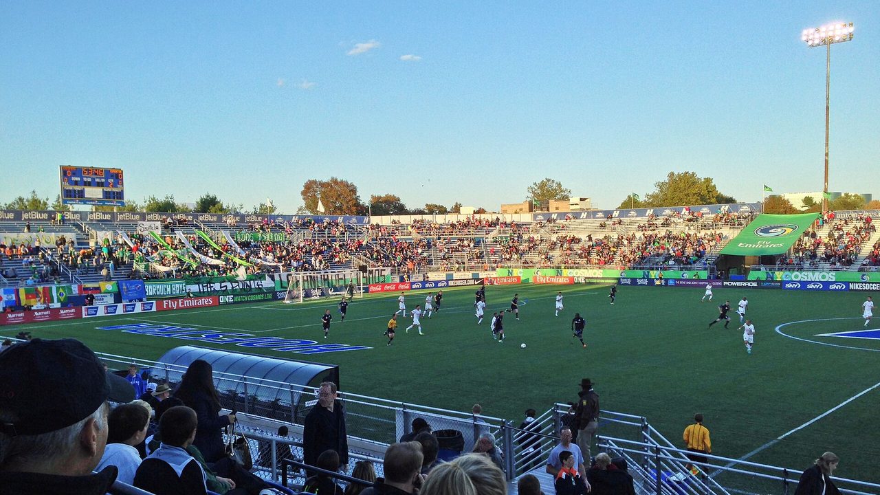 Real photo of James M. Shuart Stadium at Hofstra University during a 2013 soccer match