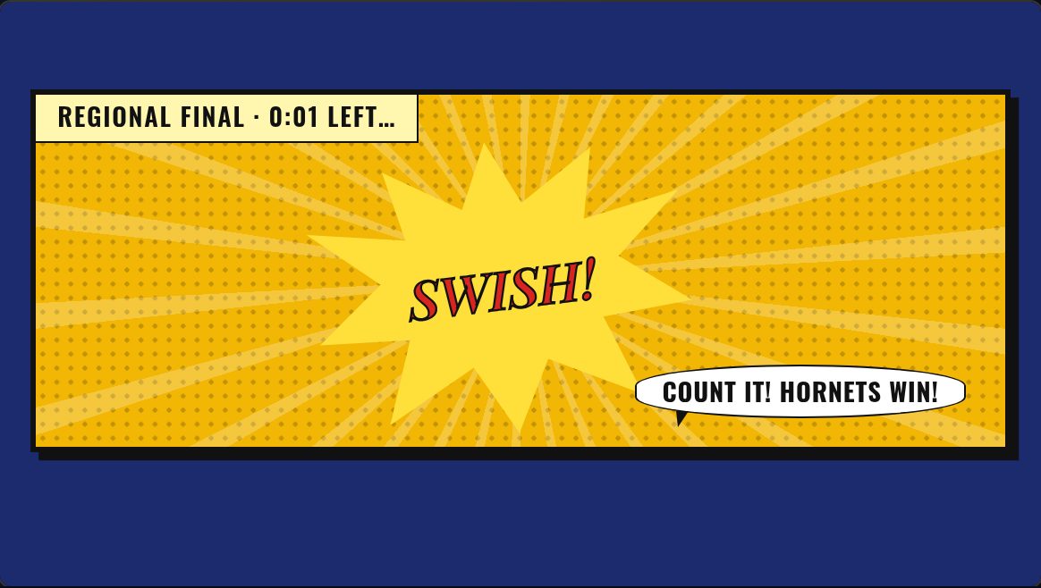 Sample cartoon panel: Swish! Count it! Hornets win!