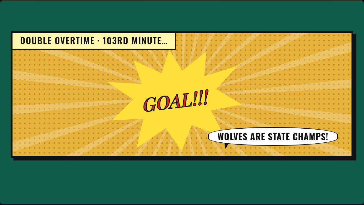 Sample cartoon panel: Goal!!! Wolves are state champs!