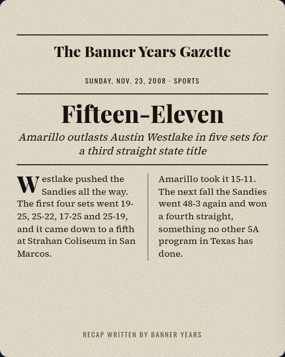 Banner Years Gazette front page: Fifteen-Eleven, Amarillo outlasts Austin Westlake in five sets