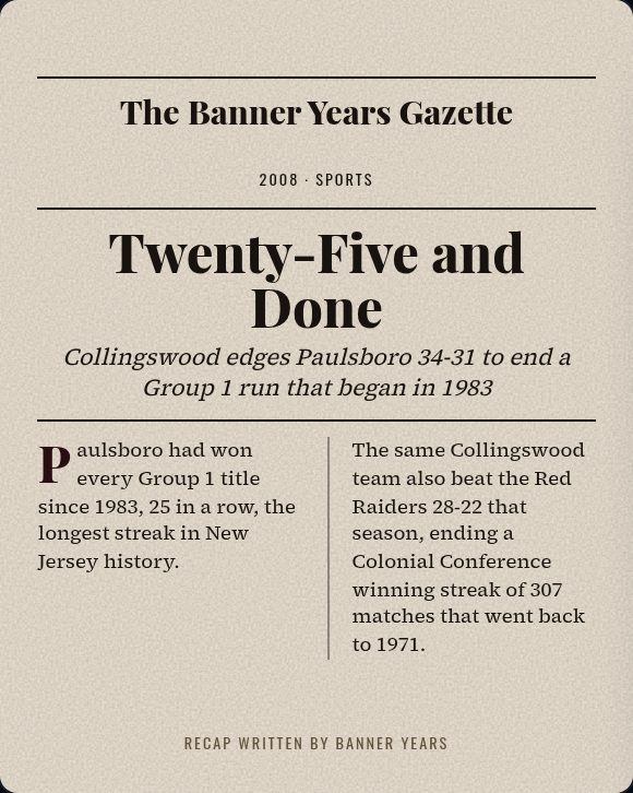 Banner Years Gazette front page: Twenty-Five and Done, Collingswood edges Paulsboro 34-31